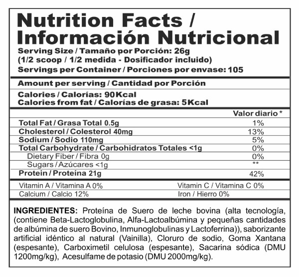 tabla nutricional Bipro Vainilla 6 lb - Megaplex